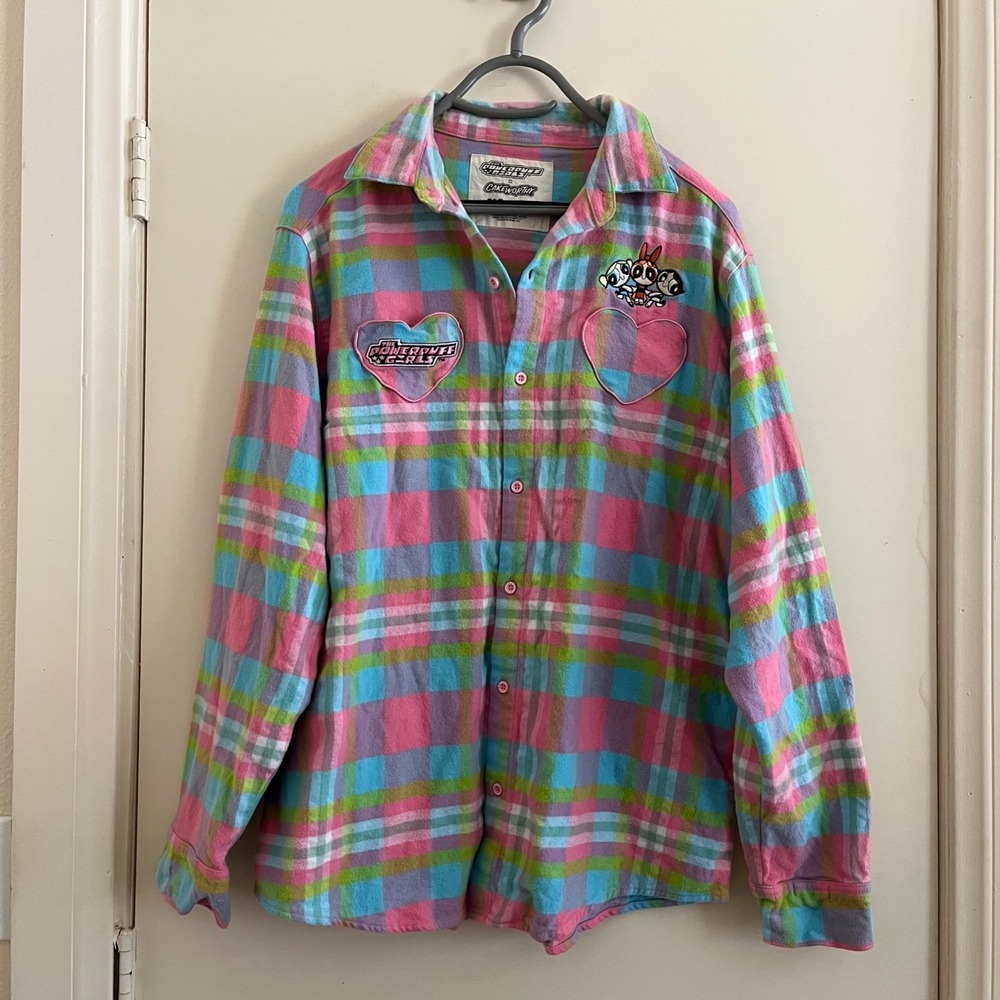 Powerpuff Girls x Cakeworthy Plaid Flannel Women Cotton Shirt XL Kawaii Cartoon